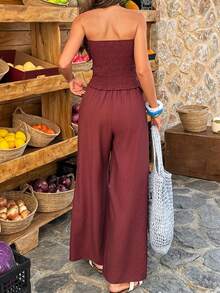 SHEIN PETITE Women's Spring/Summer Ruffle Waist Cinched Bandeau Top And Casual Loose Long Pants Vacation Set - Red - View 2