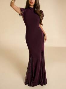 SHEIN BAE Women's Burgundy Semi-High Neck Short Sleeve Lace Inset Patchwork Elegant Dress Formal Banquet Dinner Date Birthday Autumn - Purple - View 7