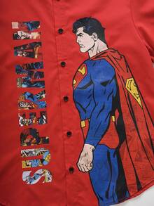 SUPERMAN X SHEIN Men's Letter Cartoon Pattern Single-Breasted Casual Versatile Daily Travel Short Sleeve Shirt - Red - View 5