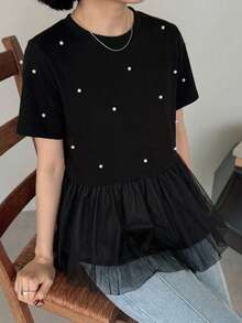 FRIFUL 女款夏季純色圓領短袖水鑽百褶 T-shirt 可愛上衣 - 黑色 - 查看 6
