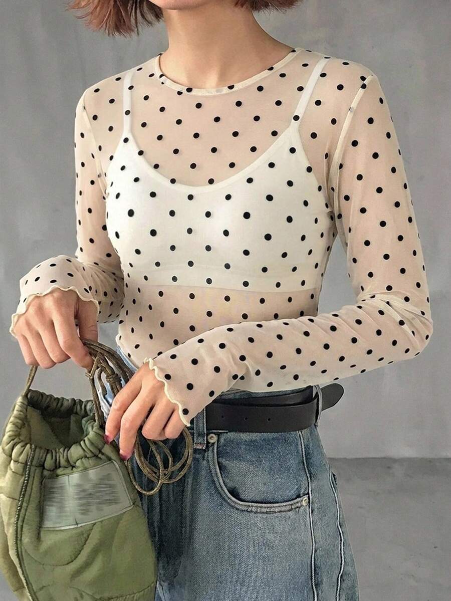 FRIFUL 女款波點植絨透視網紗上衣 - 白色 - 查看 1