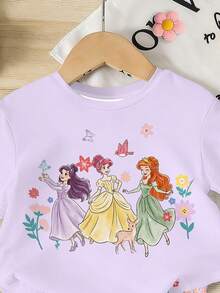 Elladie kids 1 Set Young Girls' Sweet Purple Dreamy Princess Print T-Shirt & Butterfly,Deer,Flower Pattern Shorts,Summer Outfits,Light Pink,Summer,Family Matching - Multicolor - View 4