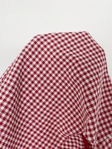 Poéselle Women's Casual Vintage Plaid Front Button Down Collared Shirt, Summer,Summer Top - Red and White - View 7