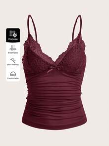 SHEIN PETITE CURVE Plus Size Women Curve Elegant Sexy Lace Patchwork Burgundy Camisole Top Summer Date Night Wedding - Red - View 4