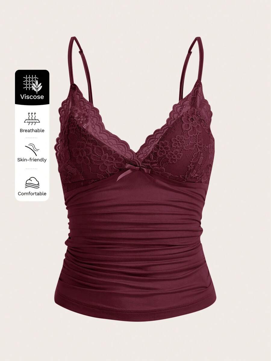 SHEIN PETITE CURVE 大码女士性感蕾丝拼接酒红色吊带背心 - 紅色 - 查看 1