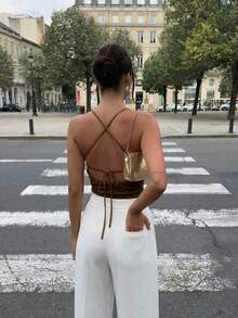 Firerie 女款優雅時尚新款音樂節派對日常度假低領交叉露背繫帶紋理吊帶連身衣，性感女款露背上衣，杏色紋理面料連身衣，露背繫帶上衣，夏威夷度假女款連身衣，春/夏裝，海灘，通勤，優雅，性感，度假，海灘，波希米亞風，夏威夷，音樂節，日常極簡風服飾 - 棕色 - 查看 3