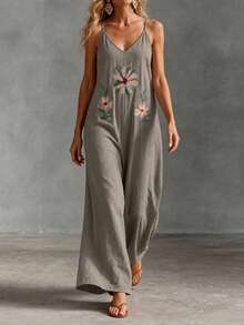 Faunlyn Women's Vacation Casual Floral Embroidered Spaghetti Strap Jumpsuit - Multicolor - View 5
