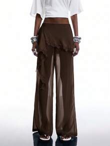 LYSMO Women's Solid Color Contrast Lace 2 In 1 Fashion Long Pants Night Party Vacation Dark Brown Summer Disco Sexy Y2k - Coffee Brown - View 3