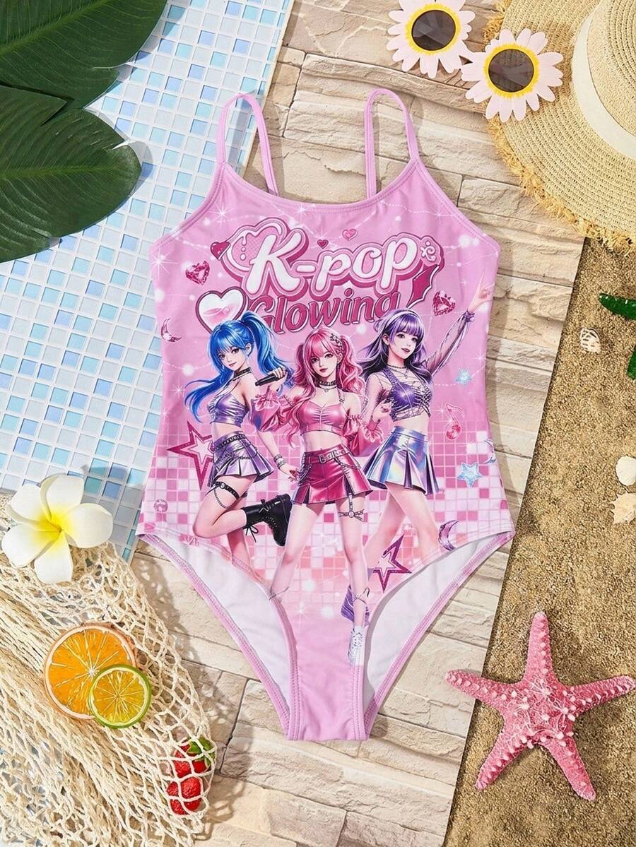 Tween Girls' Casual Colorful Pattern One-Piece Swimsuit, Suitable For Summer - Multicolor - View 1