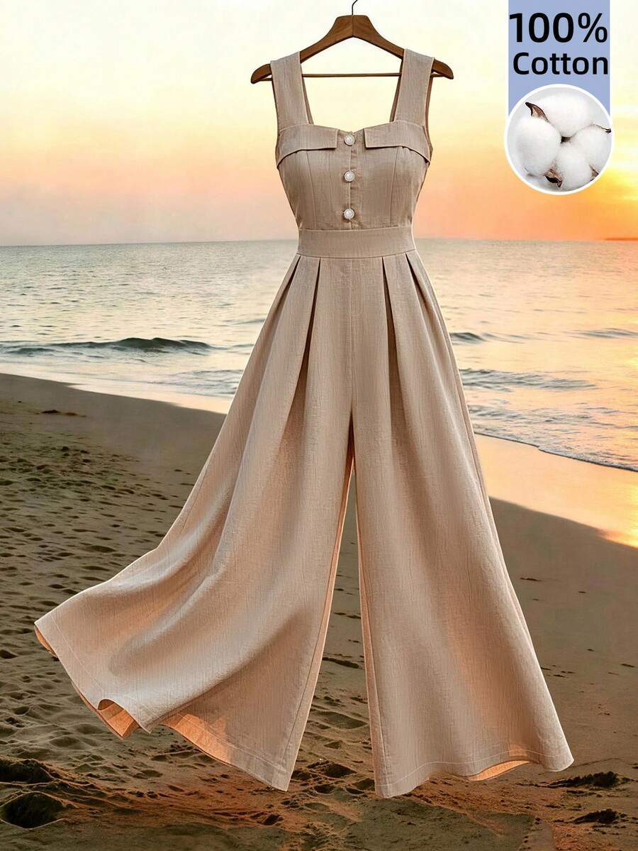 SHEIN Holidaya Women's Summer Casual Solid Color Sleeveless Jumpsuit - Khaki - View 1