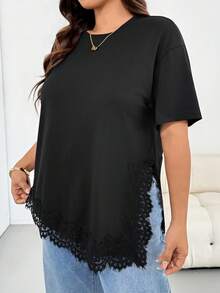 Shapeblank Plus Size Women's Spring/Summer Fashion Casual Loose Elastic Comfortable Daily Basic Versatile Slimming Lace Trim Patchwork Asymmetrical Hem Short Sleeve Black T-Shirt, Outing Top, Vacation, Minimalist Style, Lace Top - Black - View 3