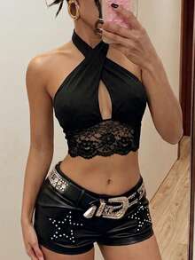 SHEIN ICON Women's Fashion Sexy Lace Patchwork Halter Neck Camisole - Black - View 3