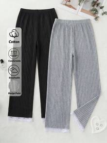 SHEIN Cottnline طقم ملابس نوم نسائي قطن 100% من قطعتين بتصميم مضلع بلون موحد مع تفاصيل دانتيل وشريط متباين - متعدد الألوان - مشاهدة 2