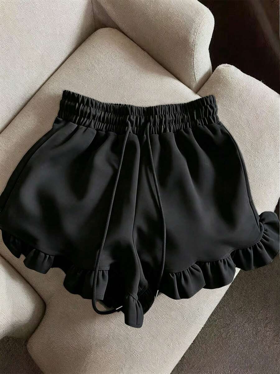 Resyla Women's Solid Color Elastic Waist Drawstring Casual Summer Shorts - Black - View 1