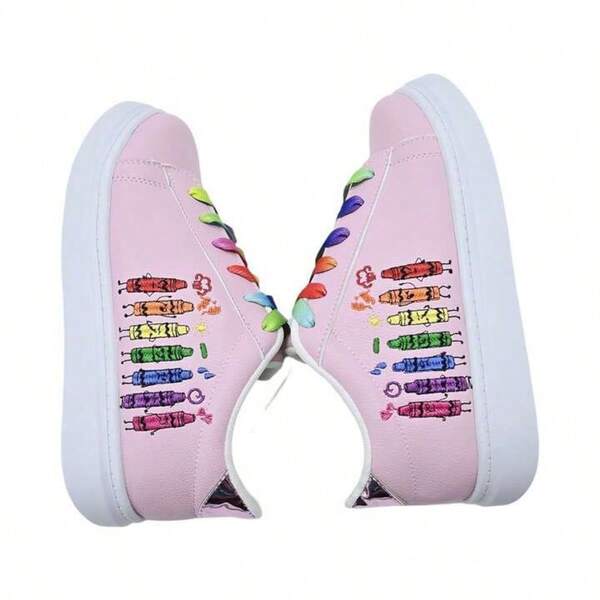 TENIS BORDADOS  SUELA ANTIDESLIZANTE Crayolas.unisex, urbano, casual, cordones de colores,, frase motivacional, flores, cómodo, juvenil, resistente, sintético, jeans