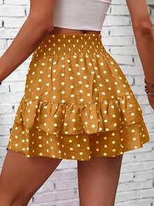 SHEIN Holidaya Waist Gathered Faux Linen Printed Double Layer Ruffle Skort - Orange - View 2