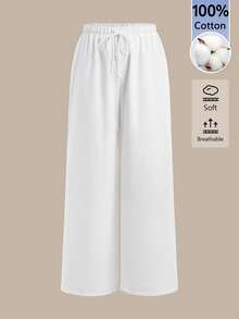 SHEIN BASICS 女款休閒百搭素色寬腿長褲 - 白色 - 查看 7