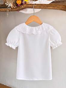 SHEIN Elladie kids 女童夏季休閒時尚荷葉花瓣袖短袖純色上衣，適合夏季休閒出遊，百搭單件上衣襯衫 - 白色 - 查看 3