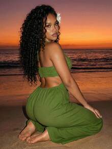 BamGleam Women's Solid Color Cutout Design Halter Neck Sexy Jumpsuit For Vacation - Army Green - View 3