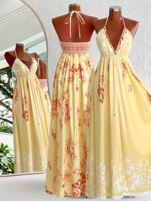 Sweetra Bohemian Style Printed Beach Slip Dress - Light Yellow - View 2