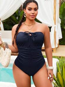 Swim Basics Plus Size Women's Solid Color Bandeau Ruched Knot One-Piece Swimsuit - Navy Blue - View 5