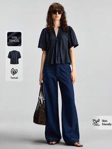Ontre 2026SS新款度假風女裝天絲藍色短袖牙籤褶皺娃娃上衣，簡約優雅都市現代百搭通勤教師出遊夏季海灘休閒長裙，婚禮賓客派對優雅A字茶會浪漫約會舒適面料寬鬆版型時尚百搭熱銷女上衣 - 藏蓝色 - 查看 7