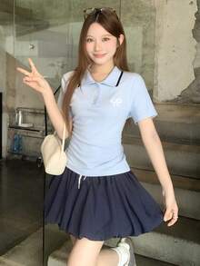 DAZY 蝴蝶結刺繡寬鬆短袖圓領女款T恤 - 藍色 - 查看 7