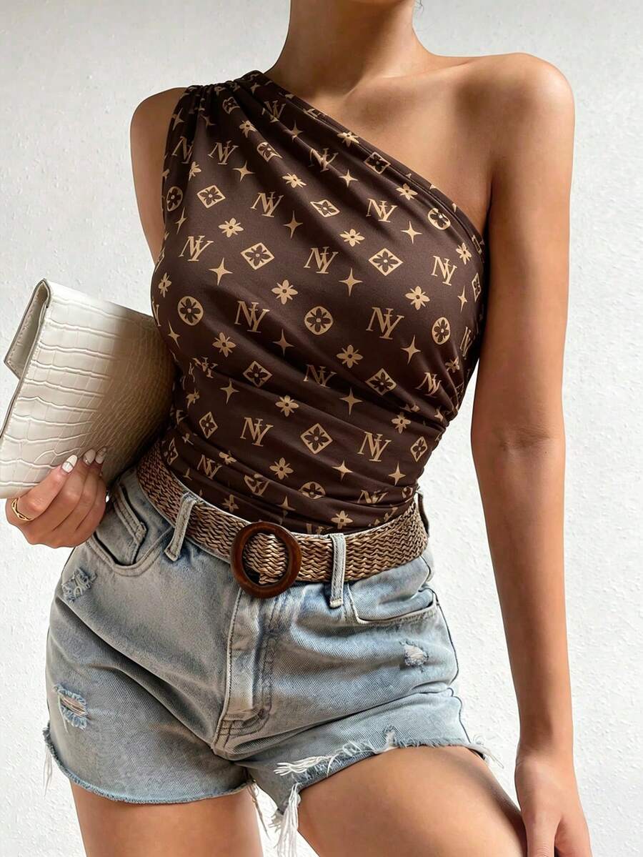 SHEIN Women's All-Over Print Ruched Casual Versatile Daily Outing Top - Brown - View 1