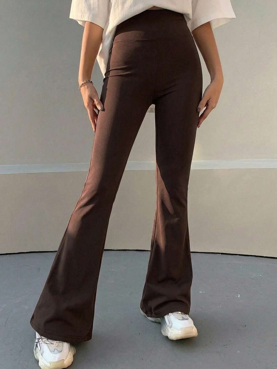 DAZY Spring Summer Slim Fit Solid Color Long Flare Leggings - Brown - View 1