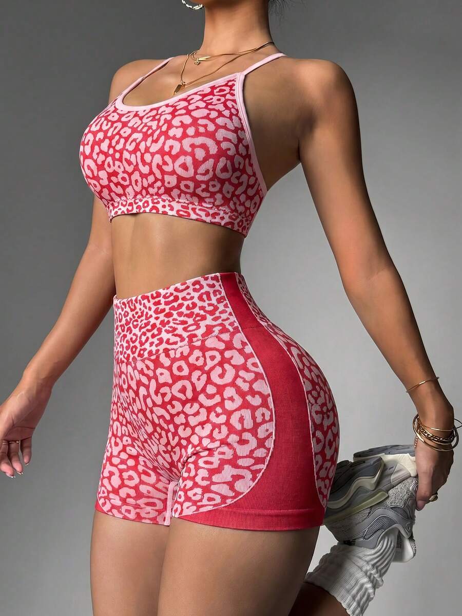 Easithlete Easithlete 1pc Women's Criss-Cross Twist Spaghetti Strap Leopard Print Bra & Shorts Workout Yoga Sports Set - Red - View 1