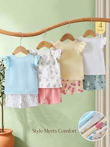 SHEIN Playful Pals 4套幼兒女童可愛休閒花朵櫻桃愛心印花荷葉袖柔軟兩件套夏季上衣短褲套裝 度假海灘穿搭 - 彩色 - 查看 2
