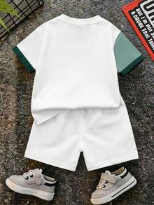 Young Boy Casual Minimalist T-Shirt Set, Classic Handsome Curved Color Block Pattern Print, Exquisite Logo Pattern Print, Suitable For Spring/Summer, Suitable For Outdoor, Suitable For Vacation - Multicolor - View 3