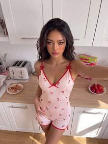 ZzzCrew Hot Girl Pink V-Neck Spaghetti Strap Fitted Cherry Print Pajama Jumpsuit - Baby Pink - View 3