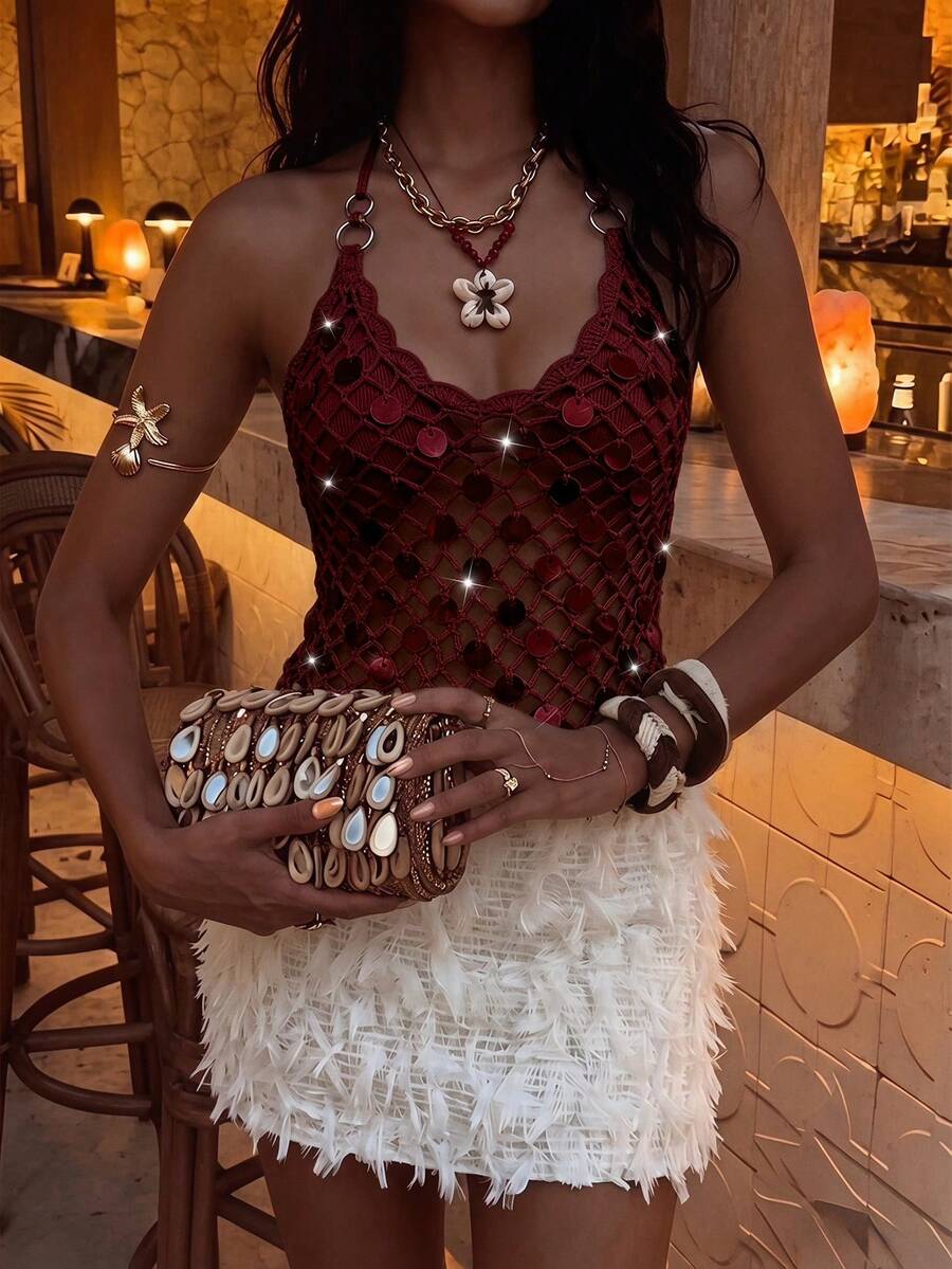 SHEIN Clasi 女款掛脖金屬扣網紗透視上衣 手鉤亮片音樂節度假海灘夏季針織上衣 - 紅色 - 查看 1