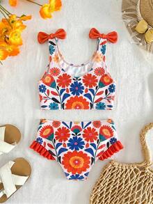 SHEIN Conjunto de Bikini con Decoración de Lazo y Estampado Floral para Niñas Jóvenes - Multicolor - Ver 3