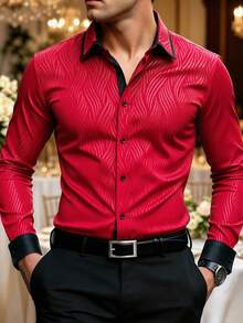 Manfinity Mode Kemeja Formal Pria Merah Musim Gugur Elegan Motif Bunga untuk Pesta Ulang Tahun, Fashion Kasual Bisnis, Kerja Harian, Kerah Tegak, Kancing, Lengan Panjang, Cocok untuk Pernikahan - Merah - View 3