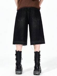 ROMWE MEN Street Life Men's Rhinestone Embellished Relaxed Straight Leg Cropped Jeans, Versatile - Black - View 3