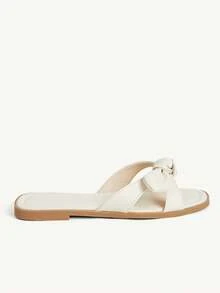 CUCCOO CHICEST Off-White 女款蝴蝶結綁帶涼鞋 夏季新款 方頭平底軟底百搭鞋 - 米白色 - 查看 3