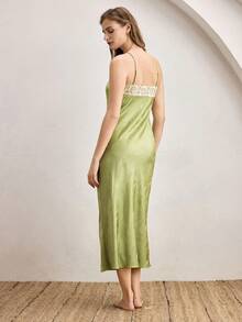 Ocili Bohemian Jacquard Satin Lace Minimalist V-Neck Sleeveless Long Nightgown, Comfortable Sleepwear For Women - Green - View 3