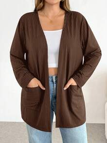 SHEIN Essnce Plus-Size Women's Spring/Summer Fashion Casual Loose Comfortable Basic Versatile Long-Sleeved Black Cardigan,Spring Outfits,Simple Style ,Work Tops - Brown - View 1