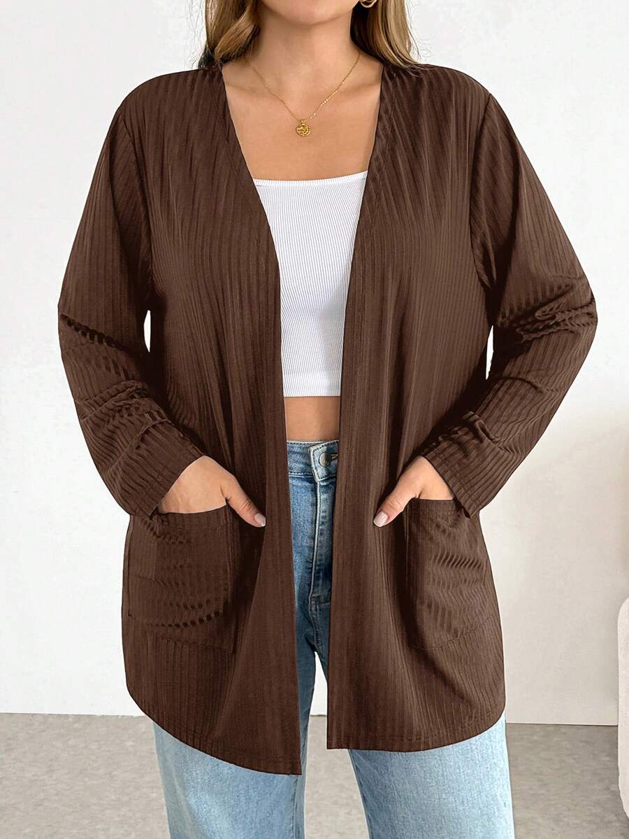SHEIN Essnce Plus-Size Women's Spring/Summer Fashion Casual Loose Comfortable Basic Versatile Long-Sleeved Black Cardigan,Spring Outfits,Simple Style ,Work Tops - Brown - View 1