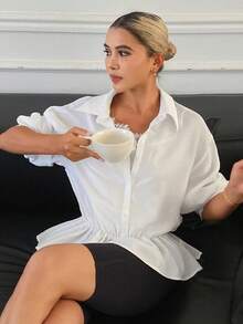 Livesso Summer Autumn June Teachers' Day Collared Long Sleeve Button-Up Solid White Ruffle Hem Loose Women's Blouse Office Elegant French - White - View 7