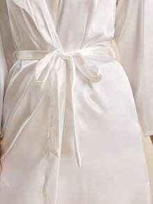 Hourtrue Drop Shoulder Contrast Trim Belted Satin Sleep Robe Luxe Loungewear, Fall, Winter - White - View 9