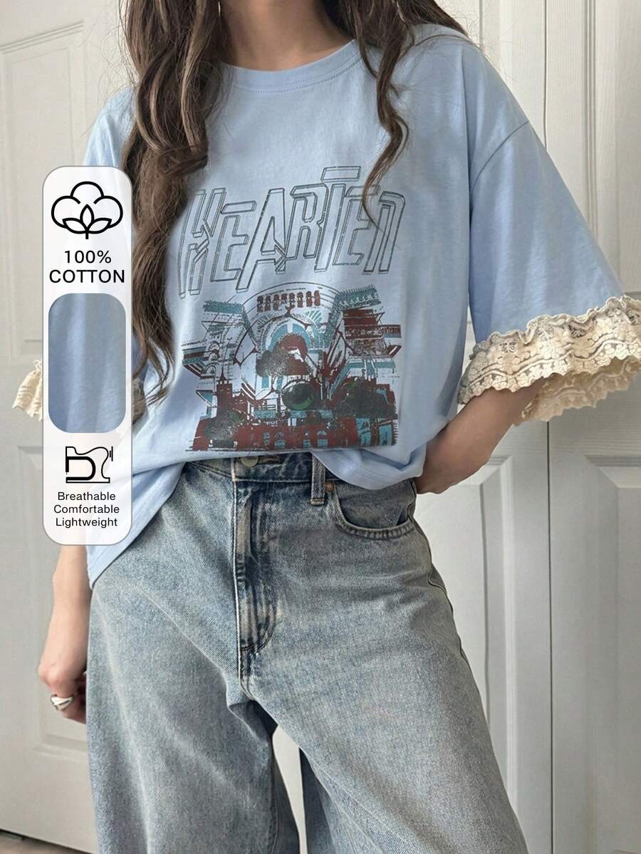 FRIFUL Kaos Wanita Kasual Longgar dengan Motif Huruf dan Patchwork Renda, Campuran Katun yang Bernapas, Serbaguna untuk Musim Semi/Panas. - Biru - View 1