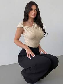 Firerie Spring/Summer Elegant Asymmetric Shoulder Cross Wrap Metal Trim Decor Cinched Waist Pleated Floral Beige Slim Fit Bodycon T-Shirt Bodysuit Brunch - Khaki - View 7