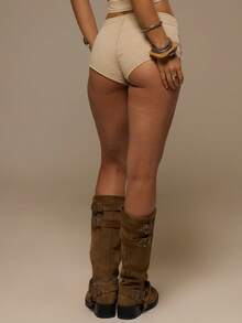 MUSERA Low Rise Military Detail Washed Denim Fitted Mini Shorts Hotpants Spring Summer Festival Vacation Ibiza Holiday Rave Sexy Y2k Utility Siren - Khaki - View 5