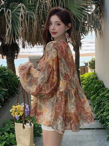 DAZY 女款度假休閒夏季全身碎花寬鬆長袖圓領襯衫 - 彩色 - 查看 2