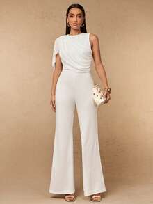 Silquee Spring/Summer Women's Mesh Patchwork Round Neck Sleeveless White Jumpsuit With Mesh Fabric Drape Office Bachelorette Party Wedding Outfits Elegant - Apricot - View 7