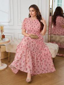 Modelyn Vestido largo de línea A con mangas abullonadas de gasa con estampado floral, talla grande, ajuste regular, primavera/verano - Rosa Pálido - Ver 1