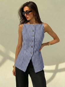 Aloruh Women's Elegant Square Neck Sleeveless Striped Lightweight Blazer Vest - Blue - View 4